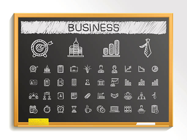 Business hand drawing sketch icons set. Vector doodle blackboard illustration Business hand drawing line icons. Vector doodle pictogram set: chalk sketch sign illustration on blackboard with hatch symbol: finance, money, presentation, strategy, marketing, analytics, infographic bank financial building drawings stock illustrations