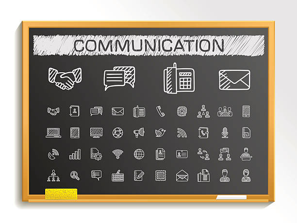 Communication hand drawing sketch icons set. Vector doodle blackboard illustration Communication hand drawing line icons. Vector doodle pictogram set: chalk sketch sign illustration on blackboard with hatch symbols: business, social, internet, mail, chat, meeting, speech, hand. hand holding microphone icon stock illustrations