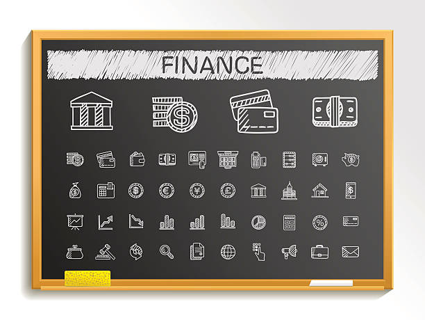 Finance hand drawing sketch icons set. Vector doodle blackboard illustration Finance hand drawing line icons. Vector doodle pictogram set: chalk sketch sign illustration on blackboard with hatch symbols: business, statistics, currency, money, payment, internet, register. cash in transit vehicle stock illustrations