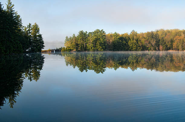 Calm summer morning at a lake in Haliburton County with the trees reflected in the water