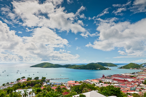 Boats in the turquoise colored waters of Road Harbor in Tortola.