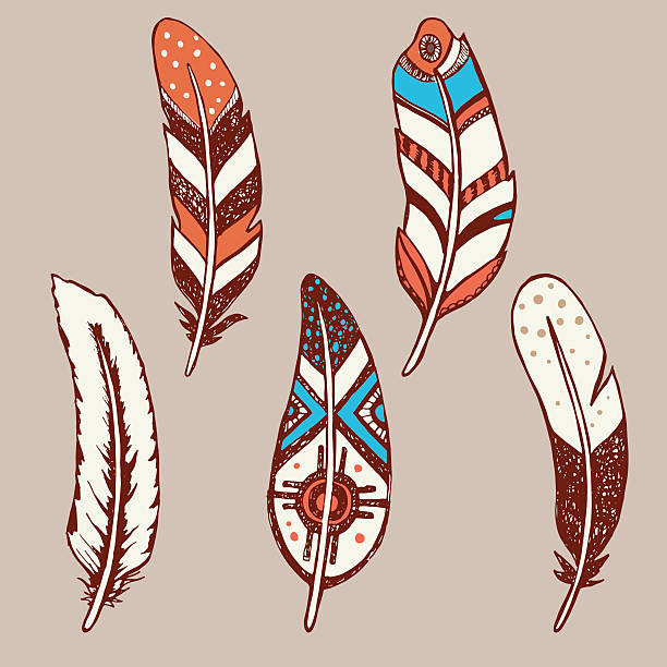 ilustrações de stock, clip art, desenhos animados e ícones de mão desenhada vector conjunto de penas - native american north american tribal culture symbol dreamcatcher