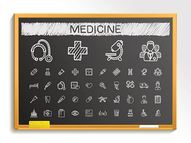 illustrazioni stock, clip art, cartoni animati e icone di tendenza di medical set di icone di schizzo di disegno a mano.   vettore doodle lavagna illustrazione - drawing symbol chalk blackboard