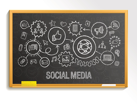 Social media hand draw integrate icons set on school board. Vector sketch infographic illustration. Connected doodle pictogram: internet, digital, marketing, media, network, global interactive concept