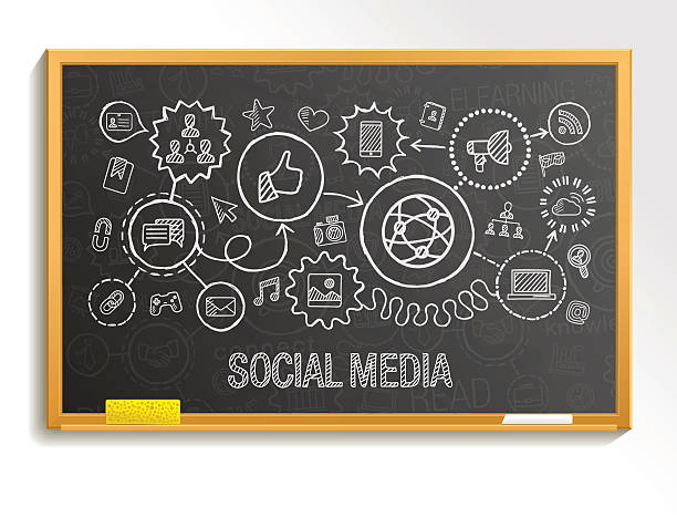 Social media hand draw integrate icons set on school board. vector art illustration