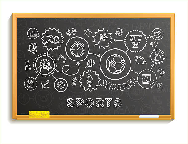 Sport hand draw integrated icons set on school board. Sport hand draw integrated icons set on school board. Vector sketch infographic illustration. Connected doodle pictograms: swiming, football, soccer, basketball, game, fitness, activity concept cycling bicycle pencil drawing cyclist stock illustrations