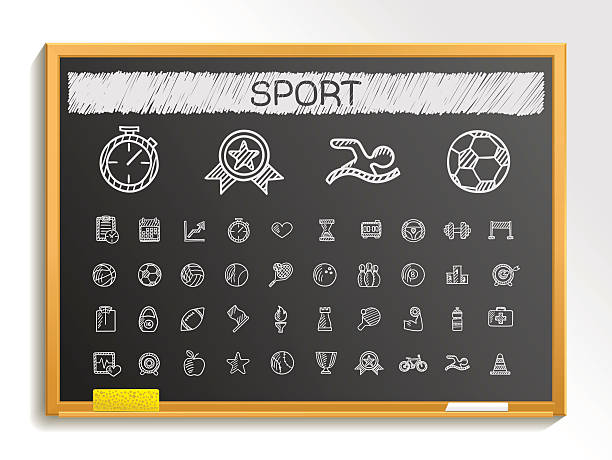 스포츠 손으로 그림이요 스케치 아이콘 세트. 벡터 일러스트레이션 낙서 blackboard  - tennis child white background sport stock illustrations