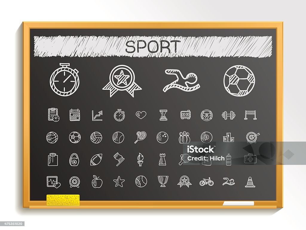 Sport hand drawing sketch icons set. Vector doodle blackboard illustration Sport hand drawing line icons. Vector doodle pictogram set: chalk sketch sign illustration on blackboard with hatch symbols: baseball, football, tennis, bicycle, pool, soccer, rugby, fitness.  Chalk Drawing stock vector
