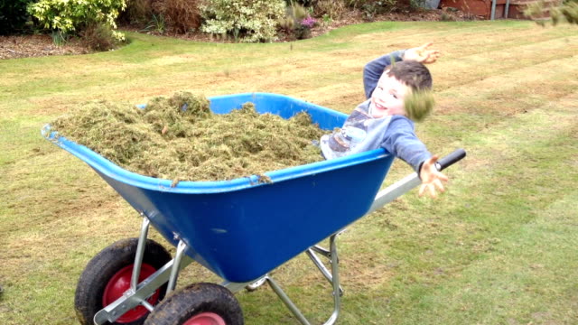 Little Boy Playing In A wheelbarrow Full Of Grass Cuttings