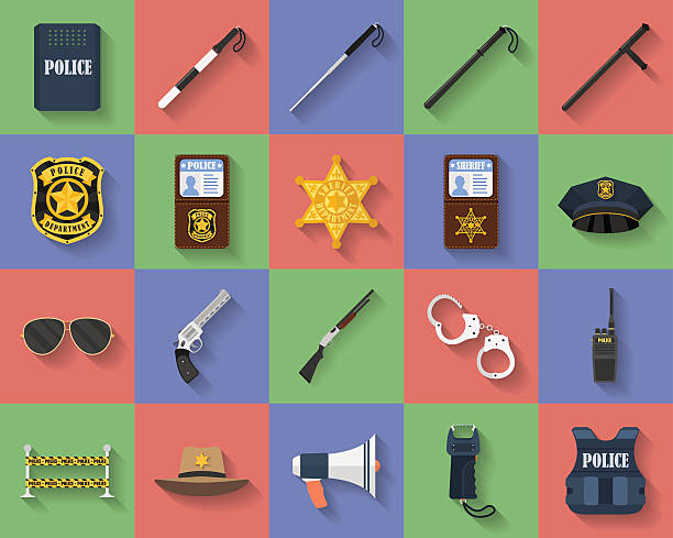 Icon set of police uniform, weapons, accessories. Icon set of police regimentals, uniform, weapons, accessories. Flat style wallet gun stock illustrations