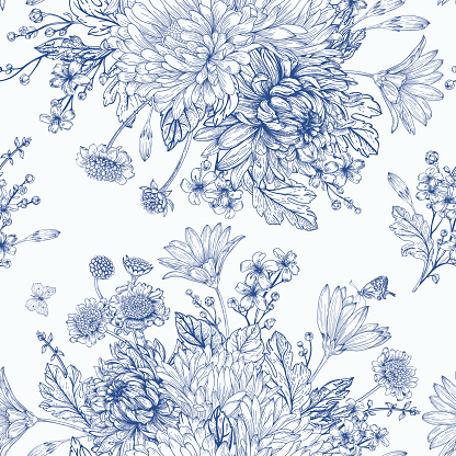 Beautiful vintage seamless pattern with bouquets of blue flowers. Garden asters, chrysanthemums, daisies. Vector monochrome illustration.