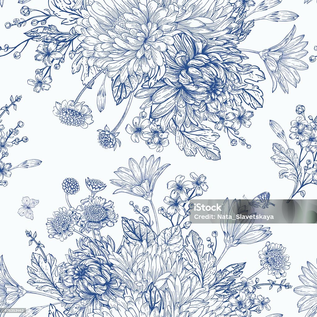 Seamless pattern with summer flowers. Beautiful vintage seamless pattern with bouquets of blue flowers. Garden asters, chrysanthemums, daisies. Vector monochrome illustration. Floral Pattern stock vector