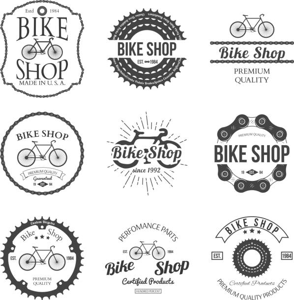 satz von vintage fahrrad shop abzeichen und etiketten-logo - kurbel stock-grafiken, -clipart, -cartoons und -symbole