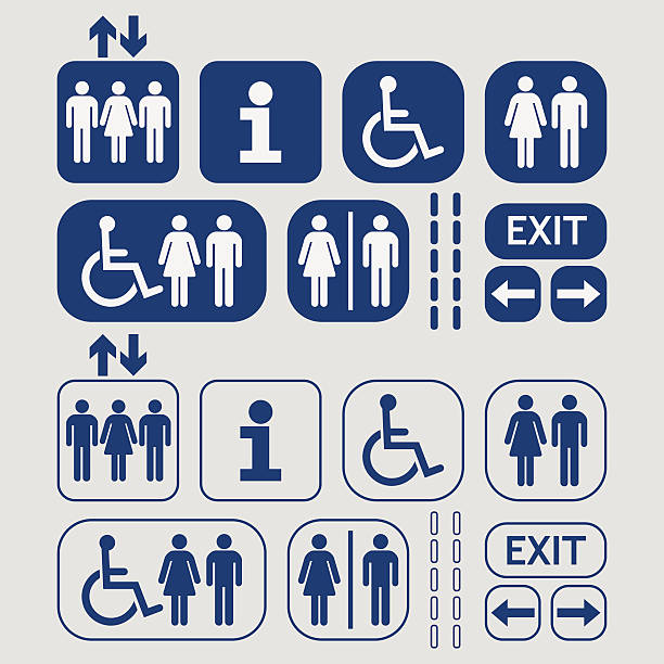 Blue line and silhouette public access icons Blue line and silhouette Man and Woman public access icons set on gray background public restroom stock illustrations