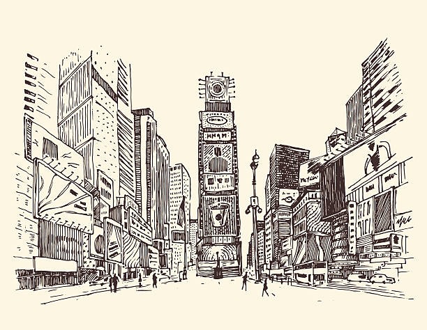 times square, street in new york city engraving vector illustration - times square billboard 幅插畫檔、美工圖案、卡通及圖標