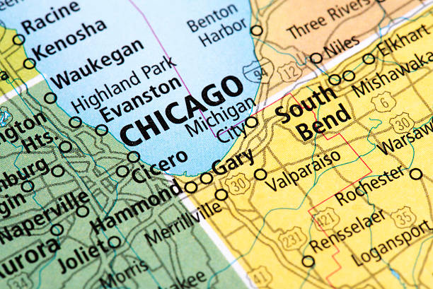 mapa de estado en la ciudad de chicago, illinois, eua - new york state new york city color image photography fotografías e imágenes de stock