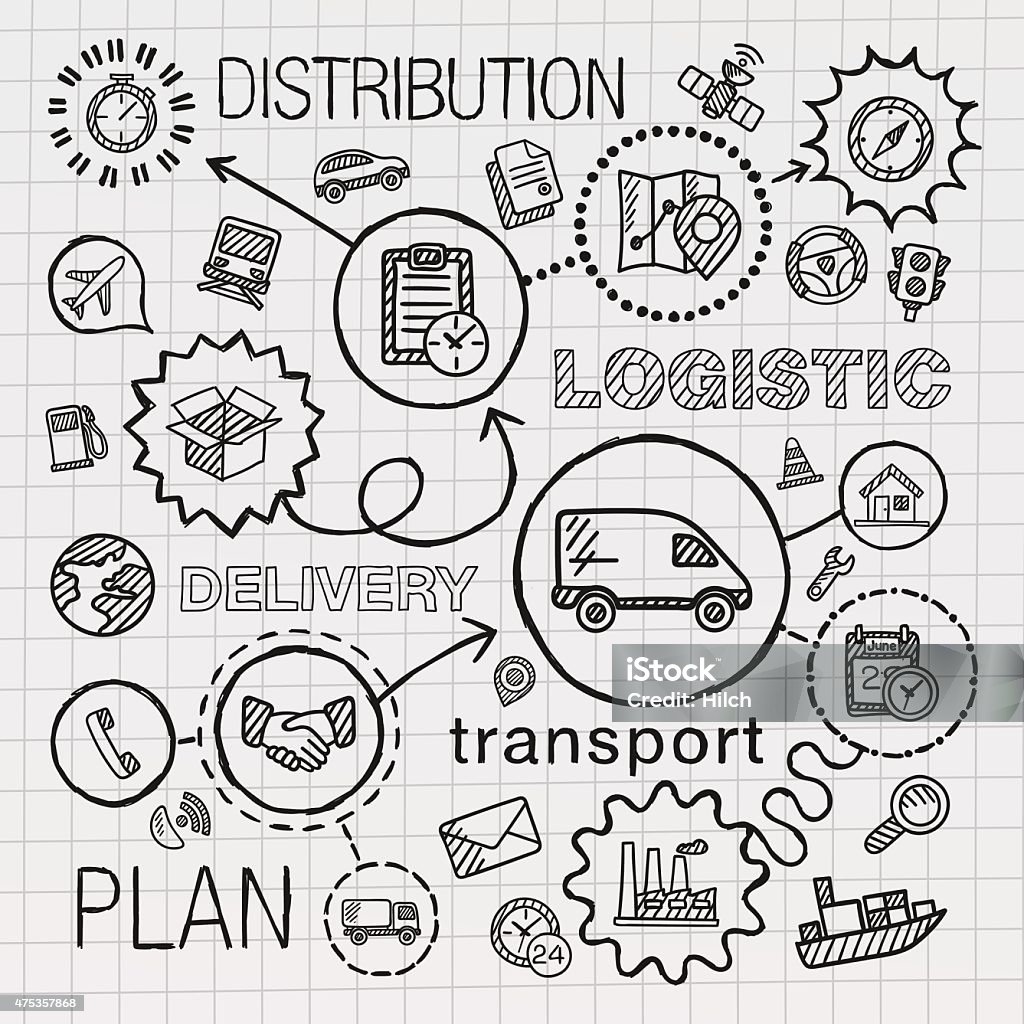 Logistic hand draw integrated icons set. Vector sketch infographic illustration Logistic hand draw integrated icons set. Vector sketch infographic illustration with line connected doodle hatch pictograms on paper: distribution, shipping, transport, services, container concepts Drawing - Activity stock vector