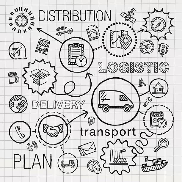 Logistic hand draw integrated icons set. Vector sketch infographic illustration Logistic hand draw integrated icons set. Vector sketch infographic illustration with line connected doodle hatch pictograms on paper: distribution, shipping, transport, services, container concepts leadership drawings stock illustrations