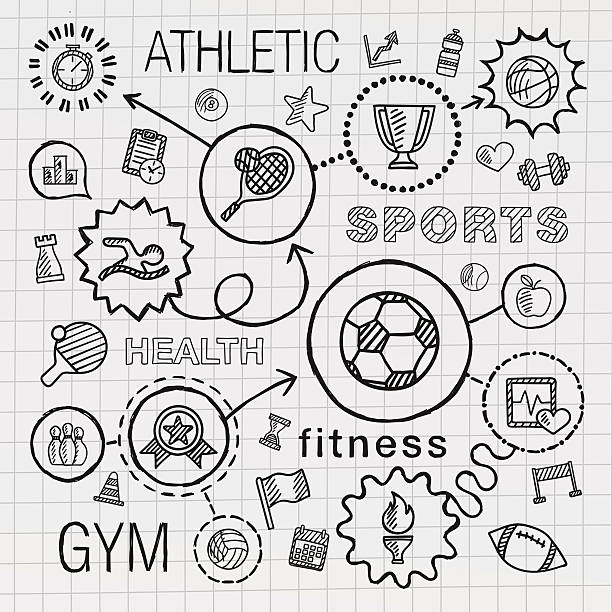 Sport hand draw integrated icons set. Vector sketch infographic illustration Sport hand draw integrated icons set. Vector sketch infographic illustration with line connected doodle hatch pictogram on school paper: competition, ball, play, soccer, tennis, cup sign, game concept cycling bicycle pencil drawing cyclist stock illustrations