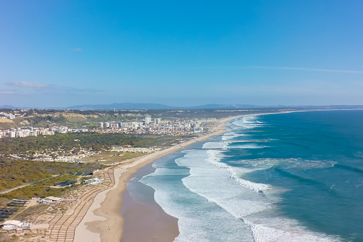 Aerial view of costa caparica coast beach in Lisbon, Portugal