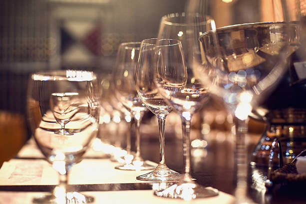 istock Close up picture of empty glasses in restaurant. Selective focus 475361130