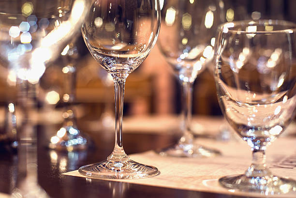 istock Close up picture of empty glasses in restaurant. Selective focus 475361132