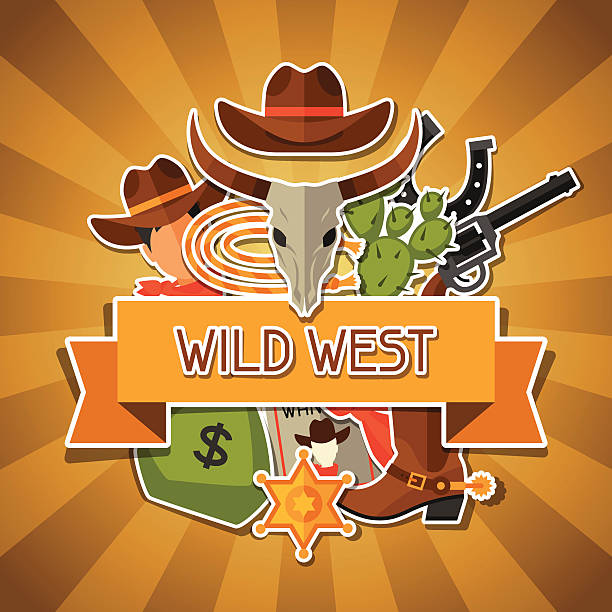 西部のカウボーイオブジェクトの背景とステッカー - cowboy hat hat country and western music wild west点のイラスト素材／クリップアート素材／マンガ素材／アイコン素材