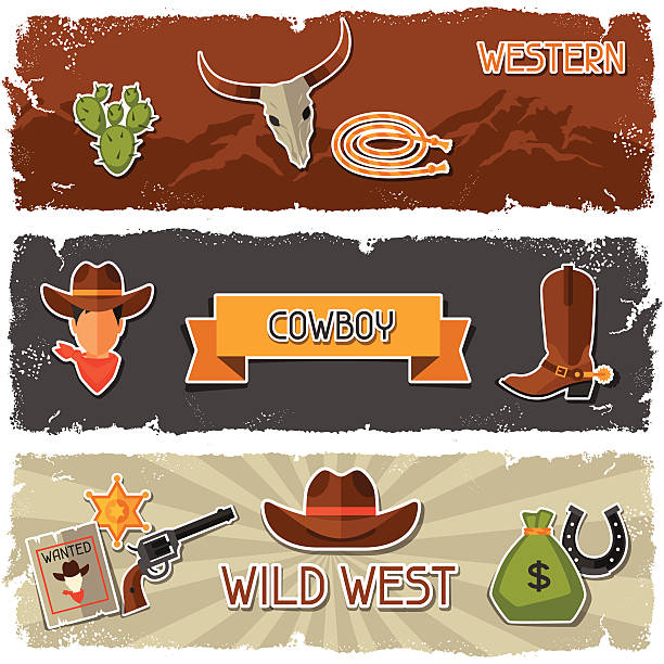 西部のカウボーイオブジェクトやバナー、ステッカー - cowboy hat hat country and western music wild west点のイラスト素材／クリップアート素材／マンガ素材／アイコン素材
