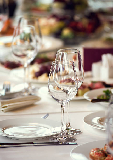 istock Close up picture of empty glasses in restaurant. Selective focus 475362188