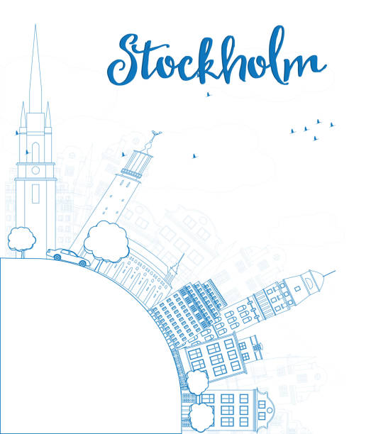 szkic sztokholm skyline z blue budynków i miejsce na tekst - stockholm silhouette sweden city stock illustrations