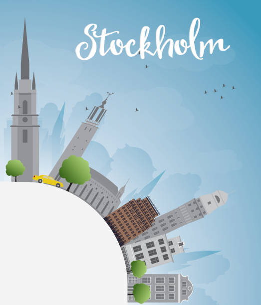 ilustrações, clipart, desenhos animados e ícones de estocolmo horizonte com prédios de cinza e céu azul - stockholm silhouette sweden city
