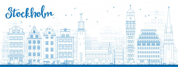 ilustrações, clipart, desenhos animados e ícones de contorno do horizonte de estocolmo com prédios azul - stockholm silhouette sweden city