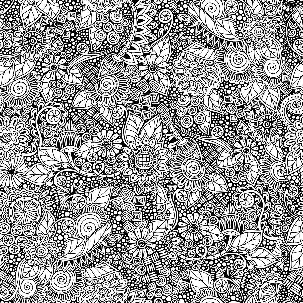 ilustraciones, imágenes clip art, dibujos animados e iconos de stock de seamless floral retro garabato blanco y negro de patrones de vector. - asian ethnicity pattern textile seamless