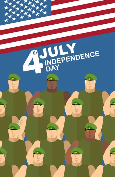 Vector illustration of 4th july. American independence day. Soldiers in Green Berets. S