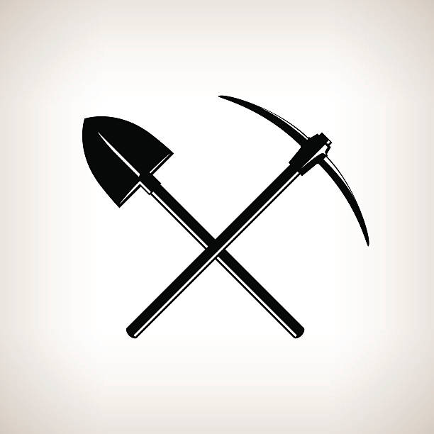 Crossed Shovel and Pickaxe Silhouette of a Crossed Shovel and Pickaxe on a Light Background,Hand Tool with a Hard Head Attached Perpendicular to the Handle ,a Tools for Excavation,Black and White Vector Illustration pick axe stock illustrations