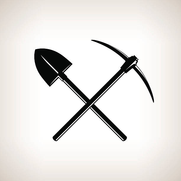 Crossed Shovel and Pickaxe Silhouette of a Crossed Shovel and Pickaxe on a Light Background,Hand Tool with a Hard Head Attached Perpendicular to the Handle ,a Tools for Excavation,Black and White Vector Illustration shovel stock illustrations
