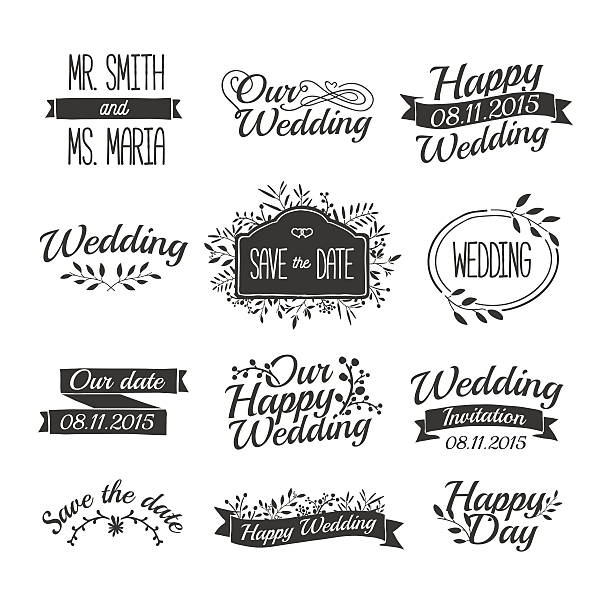 satz von hochzeit vintage-retro-logos.   florale ornamente und bändermotiven. - symbol blackboard invitation part of stock-grafiken, -clipart, -cartoons und -symbole