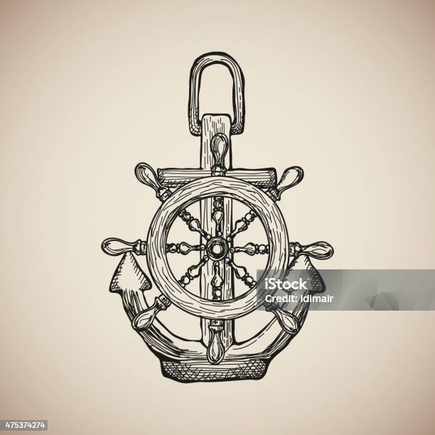 Vintage Marine Anchor With Steering Wheel Isolated Engrave Vector Stock Illustration - Download Image Now