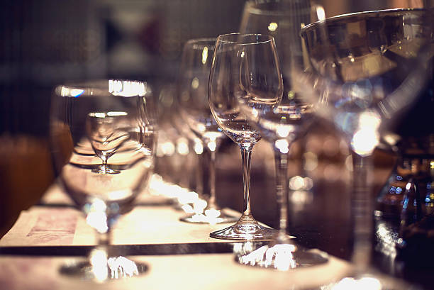 istock Close up picture of empty glasses in restaurant. Selective focus 475374340