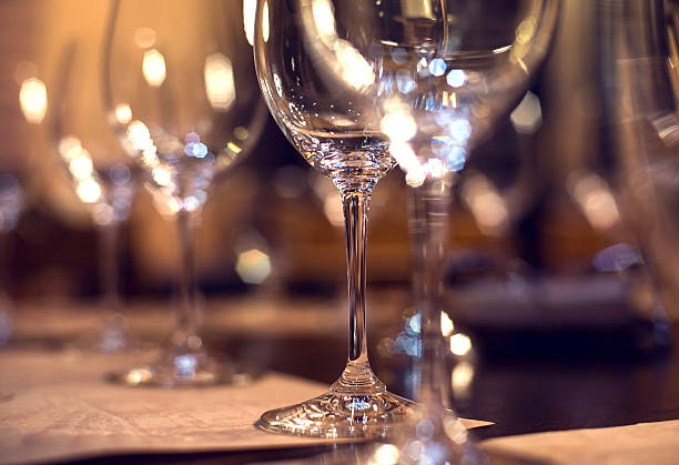 istock Close up picture of empty glasses in restaurant. Selective focus 475374344