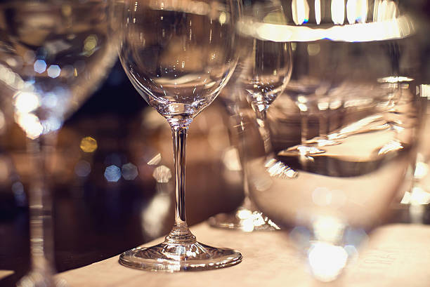 istock Close up picture of empty glasses in restaurant. Selective focus 475374350