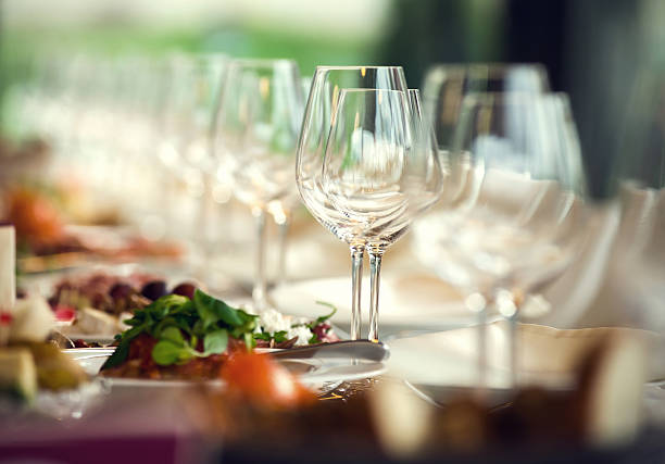 istock Close up picture of empty glasses in restaurant. Selective focus 475374360