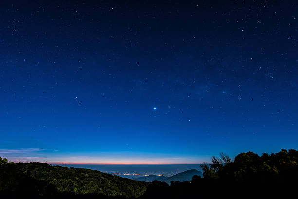 Star in blue sky night time scene Starry in blue sky night time scene with milky way high iso night stock pictures, royalty-free photos & images