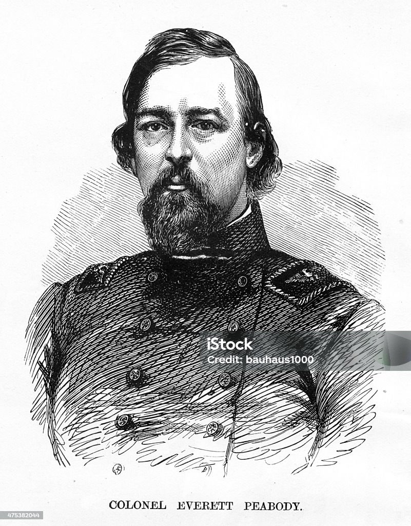 Colonel Everett Peabody Civil War Engraving Engraving of Battle of Colonel Everett Peabody Civil War Engraving from "Famous Leaders and Battle Scenes of the Civil War," Published in 1864. Copyright has expired on this artwork. Digitally restored. History stock illustration