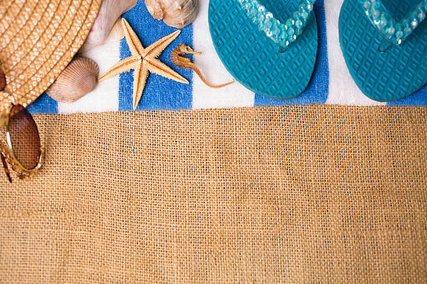 istock Summer vacation scene. Seashells, sunglasses, hat on beach towel. 475382780