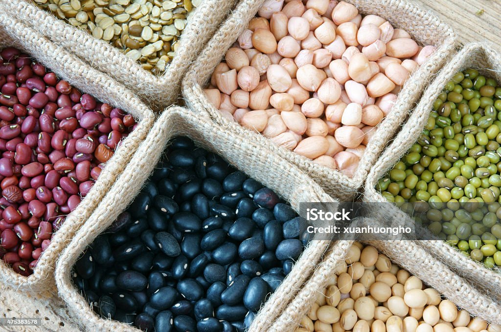 grain, cereal, healthy food, nutrition eating Collection of grain, green bean, red bean, soybean, black bean in bag, cereal product is healthy food, nutrition eating and fibre food 2015 Stock Photo