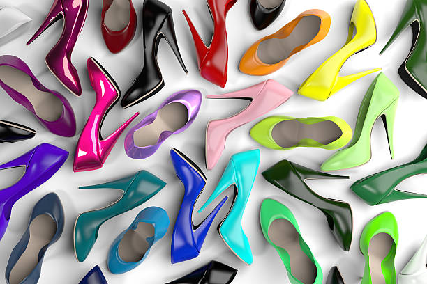 diversity large group of rainbow colored pumps. concept for crowds / diversity. pump dress shoe stock pictures, royalty-free photos & images