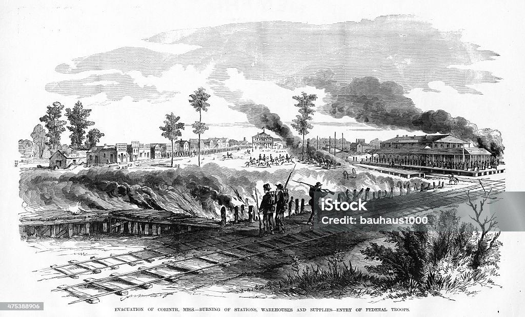 Evacuation of Corinth, Mississippi Civil War Engraving Engraving of the Evacuation of Corinth, Mississippi, Burning of Stations, Warehouses and Supplies and the Entry of Federal Troops from "Famous Leaders and Battle Scenes of the Civil War," Published in 1864. Copyright has expired on this artwork. Digitally restored. Rail Transportation stock illustration