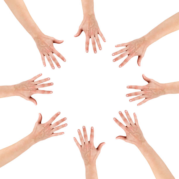 istock Many people's hands up isolated on white background 475395076