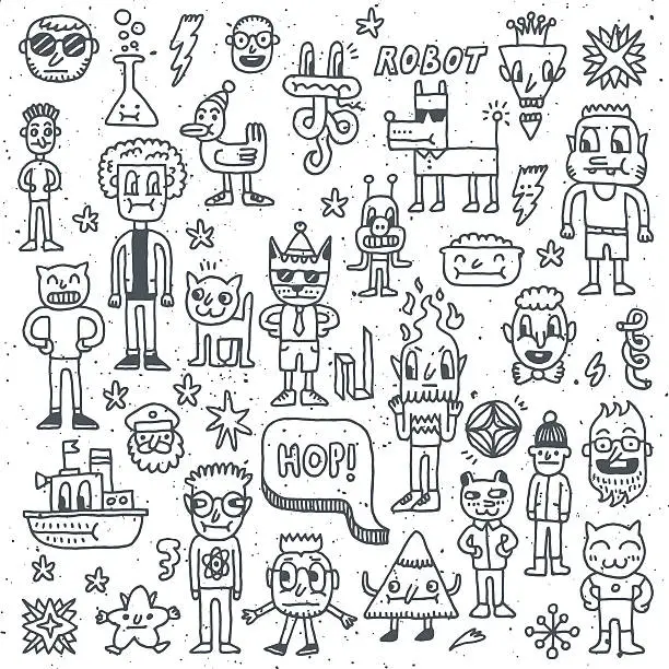 Vector illustration of Cartoon wacky childish doodle set 1. Vector illustration.